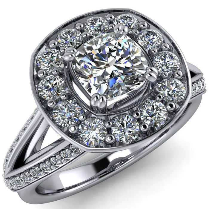 Fire Brilliance Rings Keaton Cushion Center Stone 4 Double Prong Halo Split Shank Engagement Ring