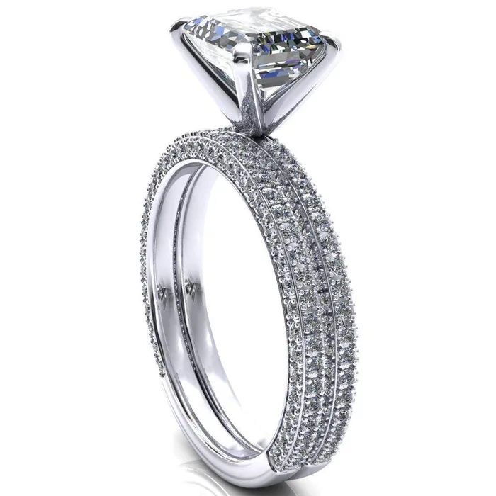 Fire Brilliance Rings Mariyah Emerald Center Stone EastWest 4 Prong 34 Eternity 3 Sided Diamond Shank Engagement Ring
