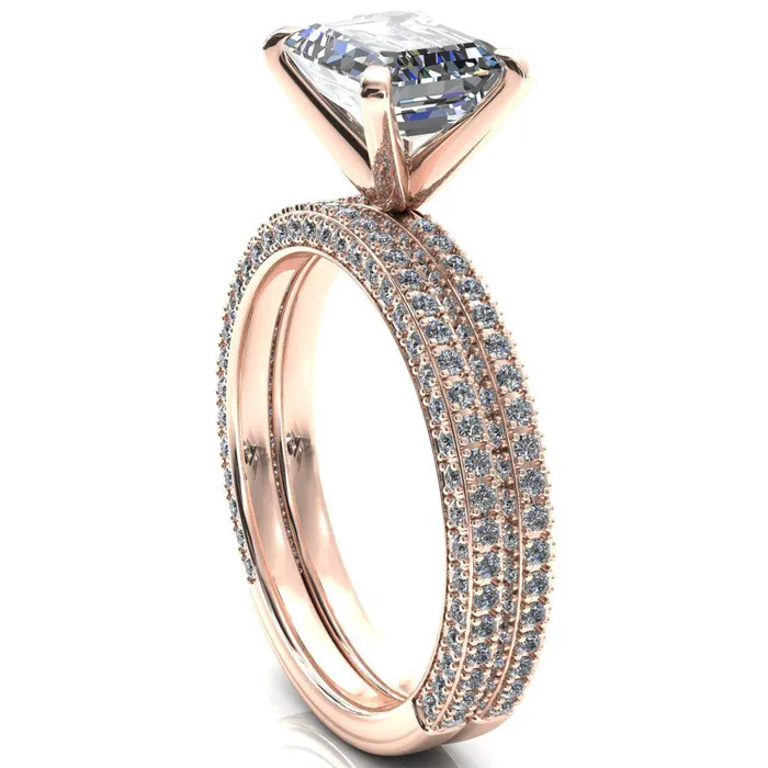 Fire Brilliance Rings Mariyah Emerald Center Stone EastWest 4 Prong 34 Eternity 3 Sided Diamond Shank Engagement Ring
