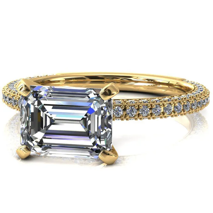 Fire Brilliance Rings Mariyah Emerald Center Stone EastWest 4 Prong 34 Eternity 3 Sided Diamond Shank Engagement Ring