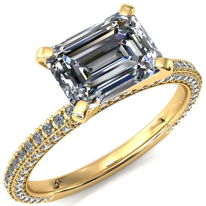 Fire Brilliance Rings Mariyah Emerald Center Stone EastWest 4 Prong 34 Eternity 3 Sided Diamond Shank Engagement Ring
