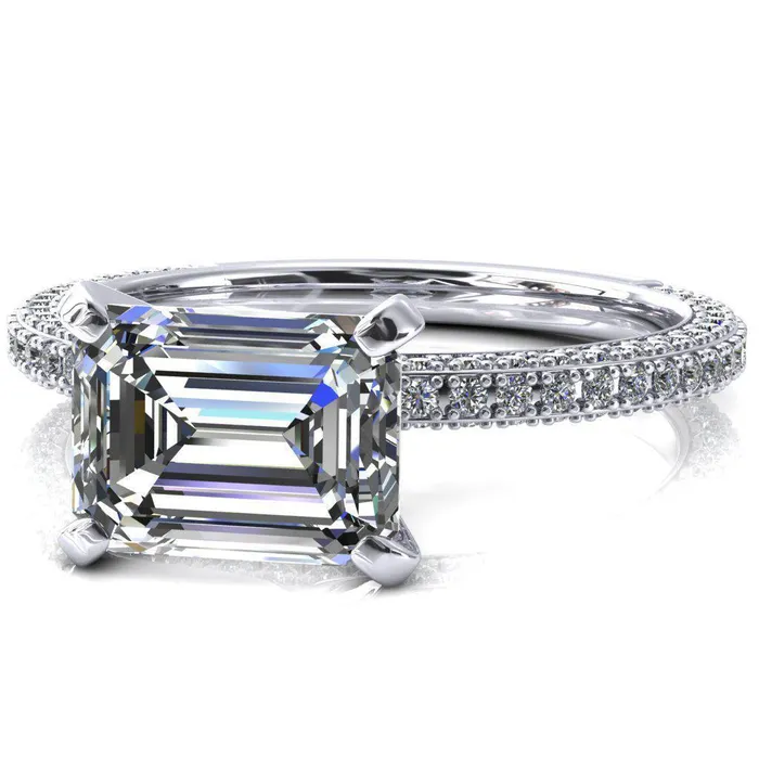 Fire Brilliance Rings Mariyah Emerald Center Stone EastWest 4 Prong 34 Eternity 3 Sided Diamond Shank Engagement Ring