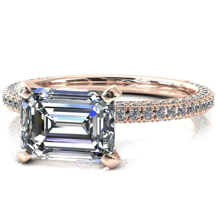 Fire Brilliance Rings Mariyah Emerald Center Stone EastWest 4 Prong 34 Eternity 3 Sided Diamond Shank Engagement Ring