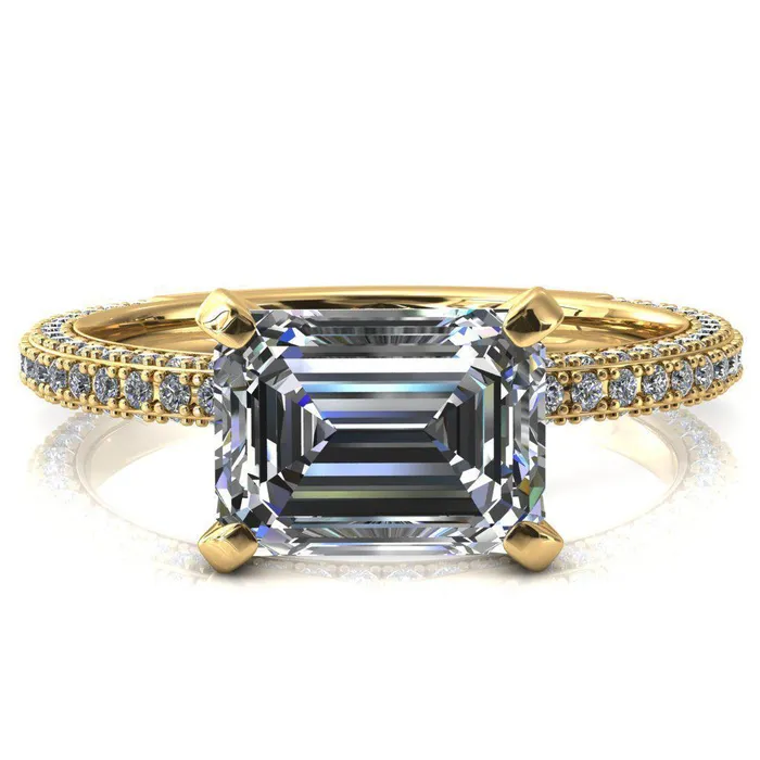Fire Brilliance Rings Mariyah Emerald Center Stone EastWest 4 Prong 34 Eternity 3 Sided Diamond Shank Engagement Ring