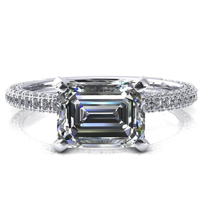 Fire Brilliance Rings Mariyah Emerald Center Stone EastWest 4 Prong 34 Eternity 3 Sided Diamond Shank Engagement Ring