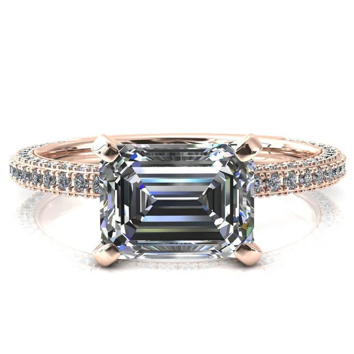 Fire Brilliance Rings Mariyah Emerald Center Stone EastWest 4 Prong 34 Eternity 3 Sided Diamond Shank Engagement Ring