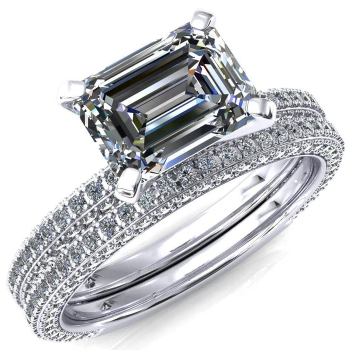 Fire Brilliance Rings Mariyah Emerald Center Stone EastWest 4 Prong 34 Eternity 3 Sided Diamond Shank Engagement Ring