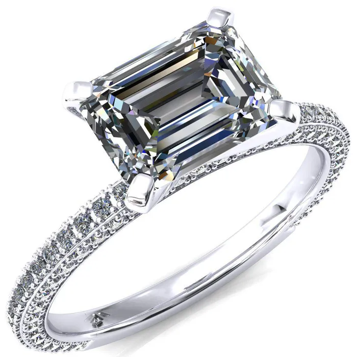 Fire Brilliance Rings Mariyah Emerald Center Stone EastWest 4 Prong 34 Eternity 3 Sided Diamond Shank Engagement Ring