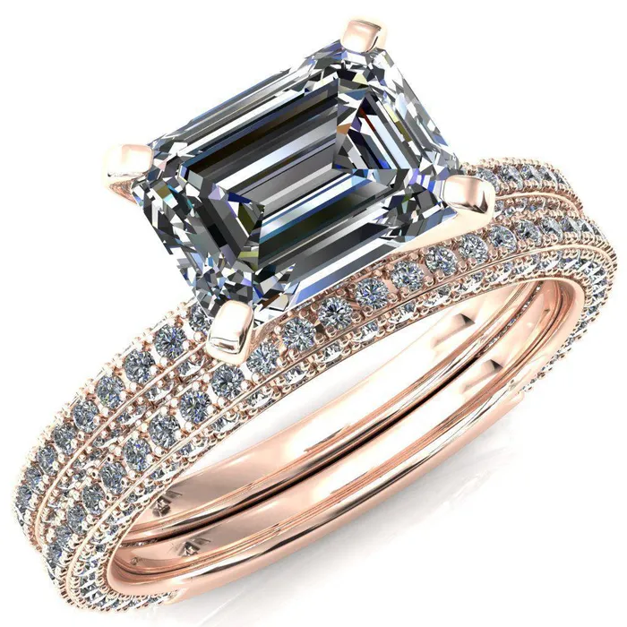 Fire Brilliance Rings Mariyah Emerald Center Stone EastWest 4 Prong 34 Eternity 3 Sided Diamond Shank Engagement Ring