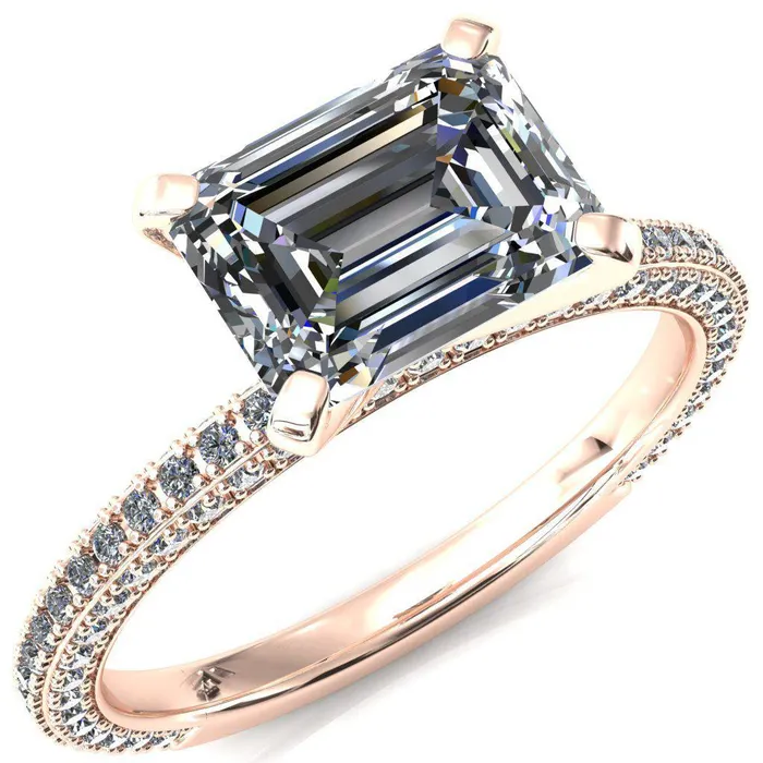 Fire Brilliance Rings Mariyah Emerald Center Stone EastWest 4 Prong 34 Eternity 3 Sided Diamond Shank Engagement Ring