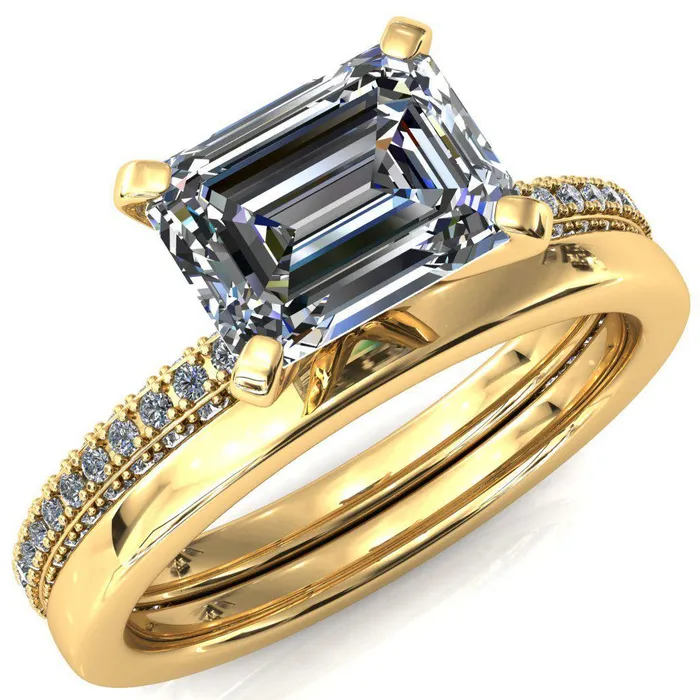 Fire Brilliance Rings Mariyah Emerald Center Stone EastWest 4 Prong 34 Eternity 3 Sided Diamond Shank Engagement Ring