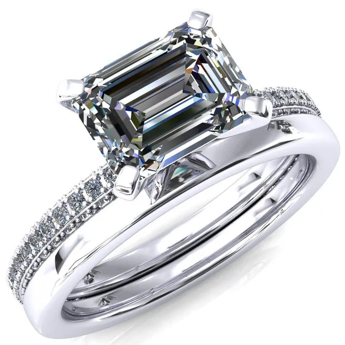 Fire Brilliance Rings Mariyah Emerald Center Stone EastWest 4 Prong 34 Eternity 3 Sided Diamond Shank Engagement Ring