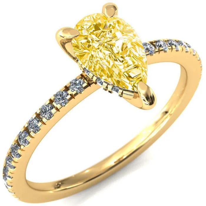 Fire Brilliance Rings Mayeli Pear Canary Yellow 3 Claw Prong Micro Pave Diamond Sides Engagement Ring