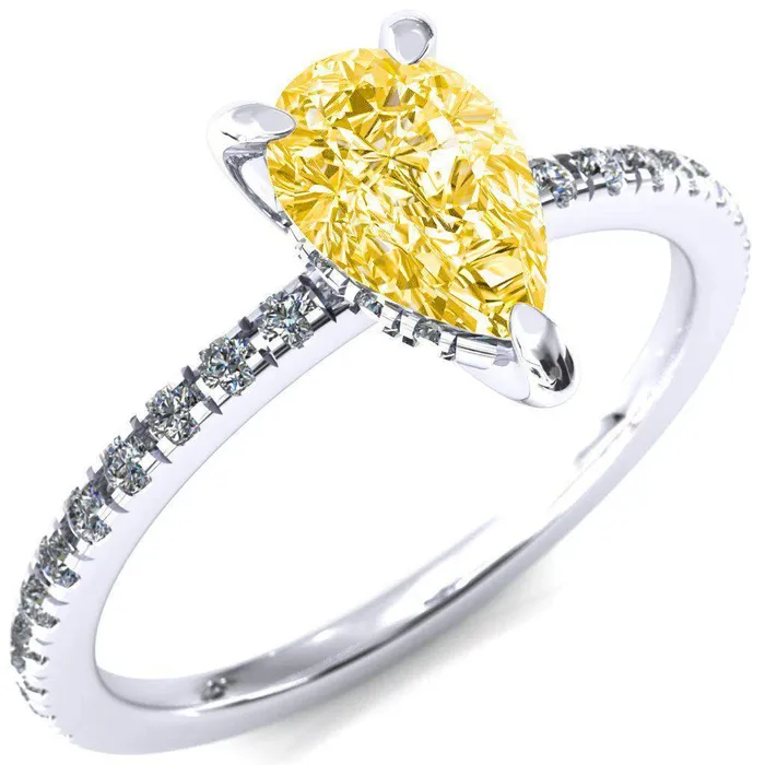 Fire Brilliance Rings Mayeli Pear Canary Yellow 3 Claw Prong Micro Pave Diamond Sides Engagement Ring