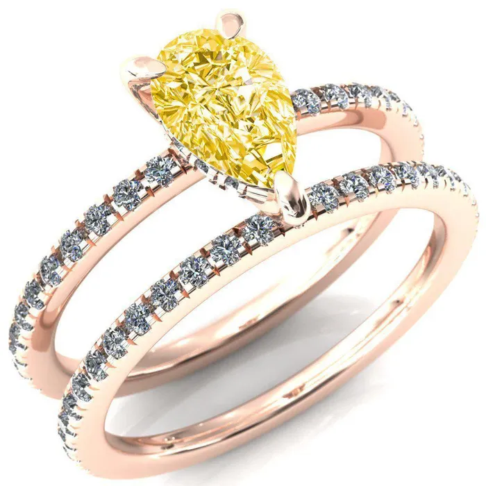 Fire Brilliance Rings Mayeli Pear Canary Yellow 3 Claw Prong Micro Pave Diamond Sides Engagement Ring