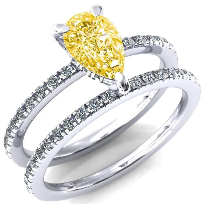 Fire Brilliance Rings Mayeli Pear Canary Yellow 3 Claw Prong Micro Pave Diamond Sides Engagement Ring