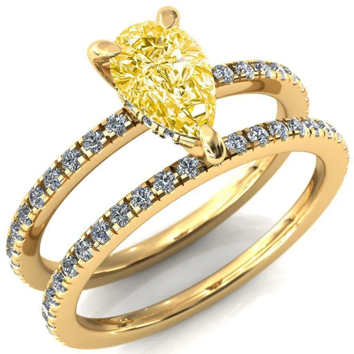 Fire Brilliance Rings Mayeli Pear Canary Yellow 3 Claw Prong Micro Pave Diamond Sides Engagement Ring