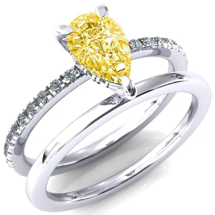 Fire Brilliance Rings Mayeli Pear Canary Yellow 3 Claw Prong Micro Pave Diamond Sides Engagement Ring