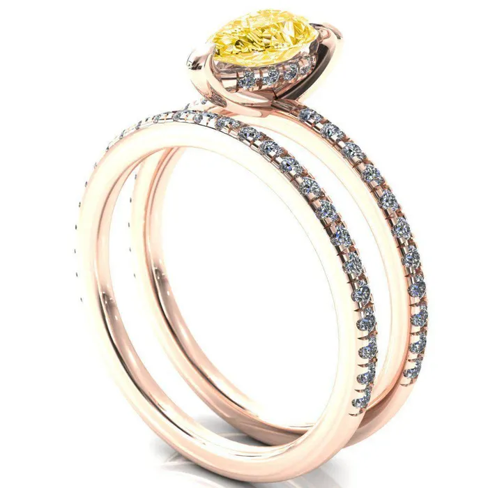 Fire Brilliance Rings Mayeli Pear Canary Yellow 3 Claw Prong Micro Pave Diamond Sides Engagement Ring