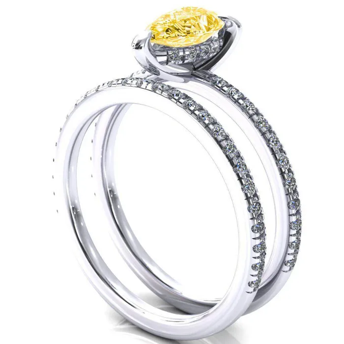Fire Brilliance Rings Mayeli Pear Canary Yellow 3 Claw Prong Micro Pave Diamond Sides Engagement Ring