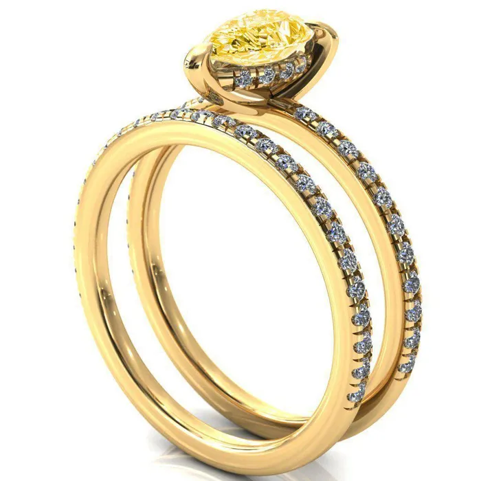 Fire Brilliance Rings Mayeli Pear Canary Yellow 3 Claw Prong Micro Pave Diamond Sides Engagement Ring