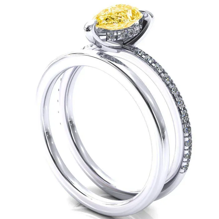 Fire Brilliance Rings Mayeli Pear Canary Yellow 3 Claw Prong Micro Pave Diamond Sides Engagement Ring