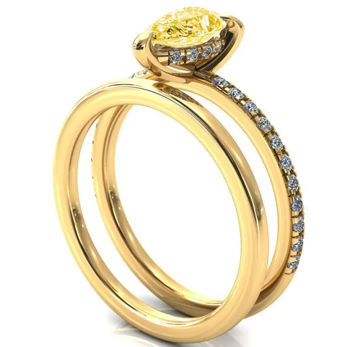 Fire Brilliance Rings Mayeli Pear Canary Yellow 3 Claw Prong Micro Pave Diamond Sides Engagement Ring