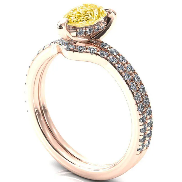 Fire Brilliance Rings Mayeli Pear Canary Yellow 3 Claw Prong Micro Pave Diamond Sides Engagement Ring