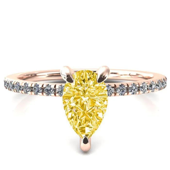 Fire Brilliance Rings Mayeli Pear Canary Yellow 3 Claw Prong Micro Pave Diamond Sides Engagement Ring