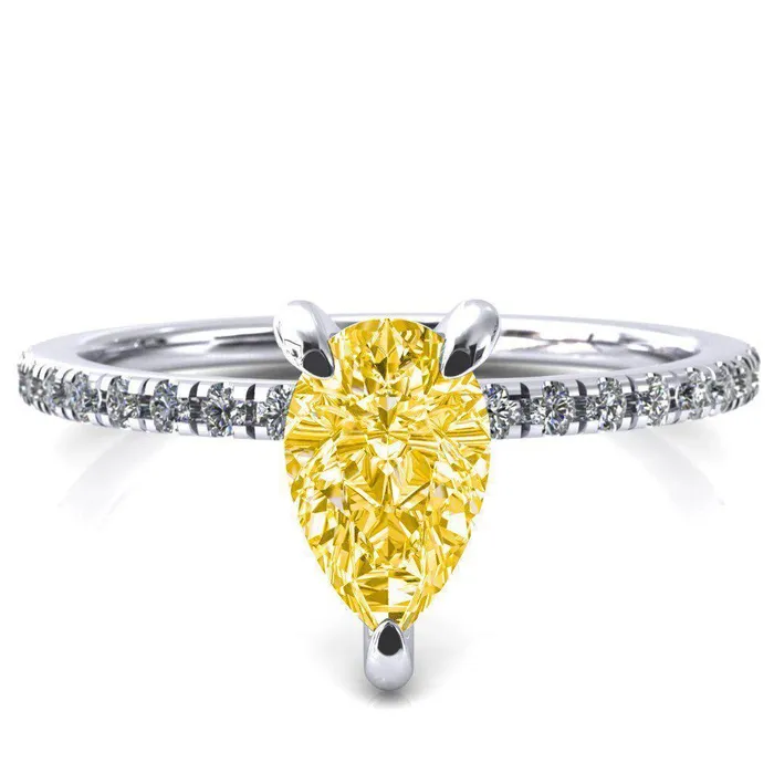 Fire Brilliance Rings Mayeli Pear Canary Yellow 3 Claw Prong Micro Pave Diamond Sides Engagement Ring