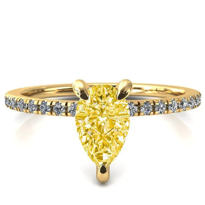 Fire Brilliance Rings Mayeli Pear Canary Yellow 3 Claw Prong Micro Pave Diamond Sides Engagement Ring