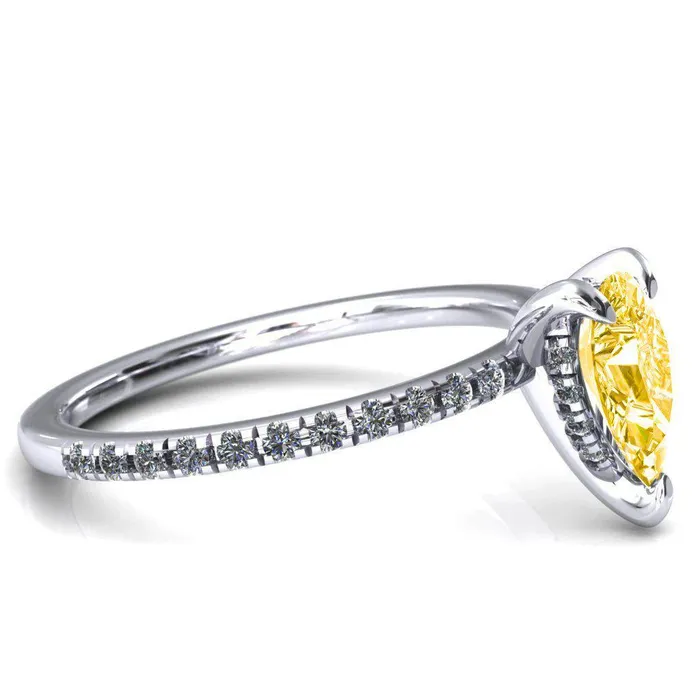 Fire Brilliance Rings Mayeli Pear Canary Yellow 3 Claw Prong Micro Pave Diamond Sides Engagement Ring