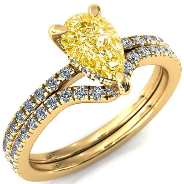 Fire Brilliance Rings Mayeli Pear Canary Yellow 3 Claw Prong Micro Pave Diamond Sides Engagement Ring
