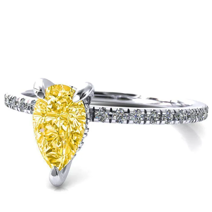 Fire Brilliance Rings Mayeli Pear Canary Yellow 3 Claw Prong Micro Pave Diamond Sides Engagement Ring