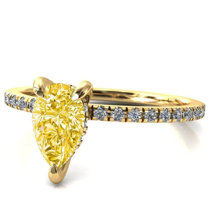Fire Brilliance Rings Mayeli Pear Canary Yellow 3 Claw Prong Micro Pave Diamond Sides Engagement Ring