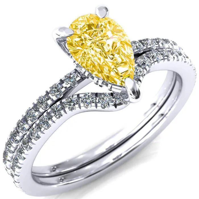 Fire Brilliance Rings Mayeli Pear Canary Yellow 3 Claw Prong Micro Pave Diamond Sides Engagement Ring