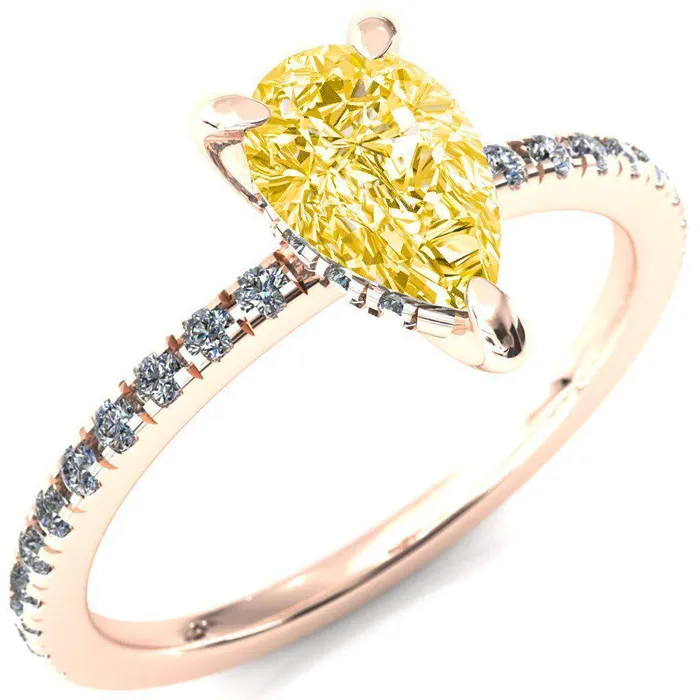 Fire Brilliance Rings Mayeli Pear Canary Yellow 3 Claw Prong Micro Pave Diamond Sides Engagement Ring