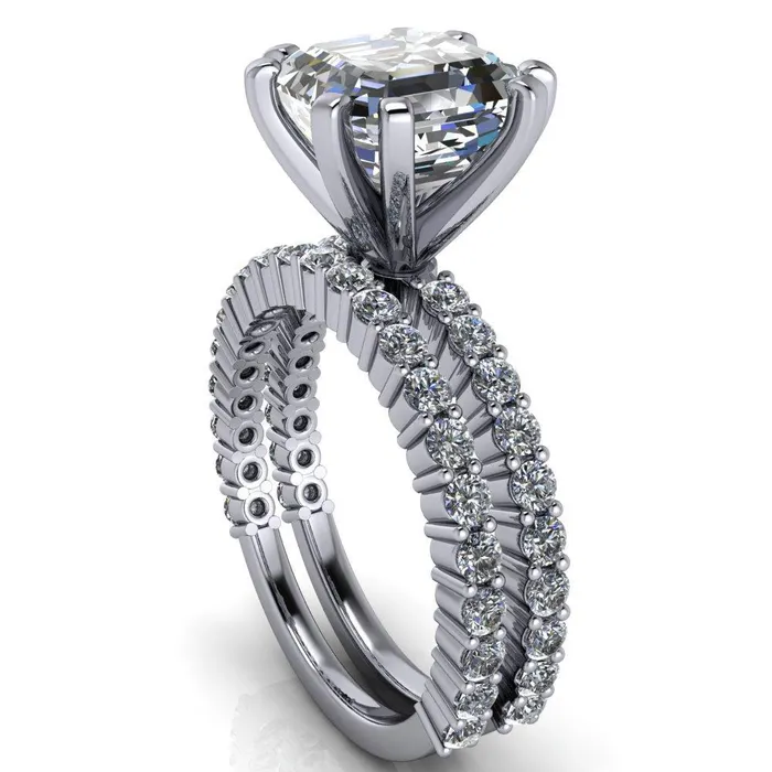 Fire Brilliance Rings Melina Asscher Moissanite 8 Prong Shared Prong Shank Engagement Ring