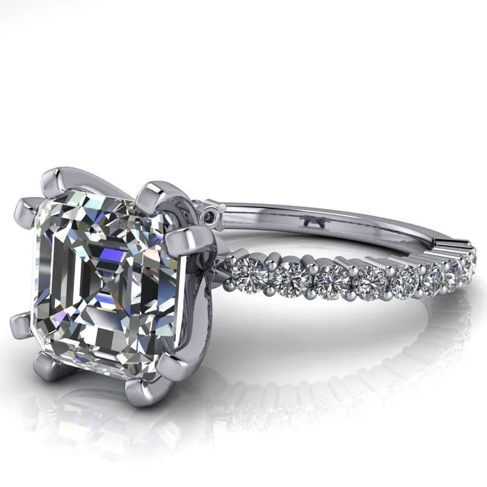 Fire Brilliance Rings Melina Asscher Moissanite 8 Prong Shared Prong Shank Engagement Ring
