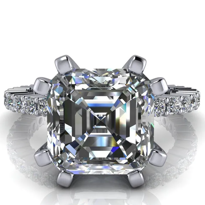 Fire Brilliance Rings Melina Asscher Moissanite 8 Prong Shared Prong Shank Engagement Ring