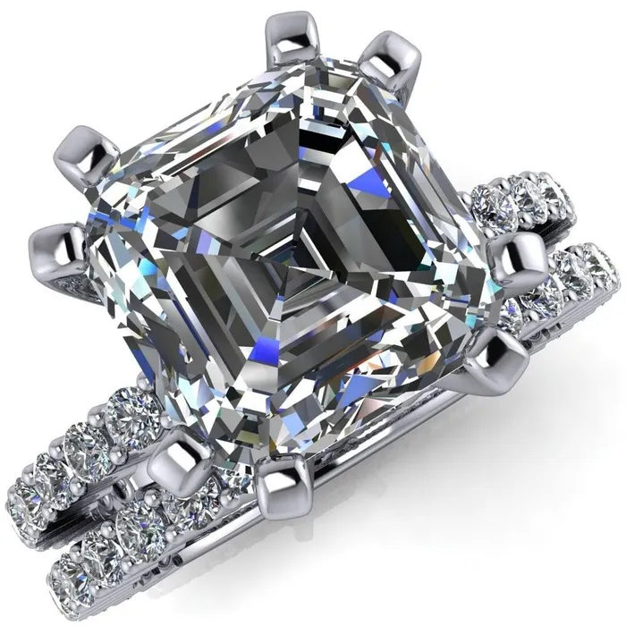 Fire Brilliance Rings Melina Asscher Moissanite 8 Prong Shared Prong Shank Engagement Ring