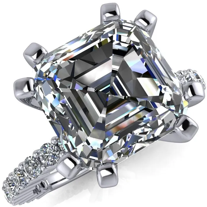 Fire Brilliance Rings Melina Asscher Moissanite 8 Prong Shared Prong Shank Engagement Ring