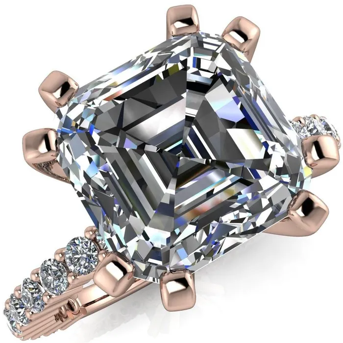 Fire Brilliance Rings Melina Asscher Moissanite 8 Prong Shared Prong Shank Engagement Ring