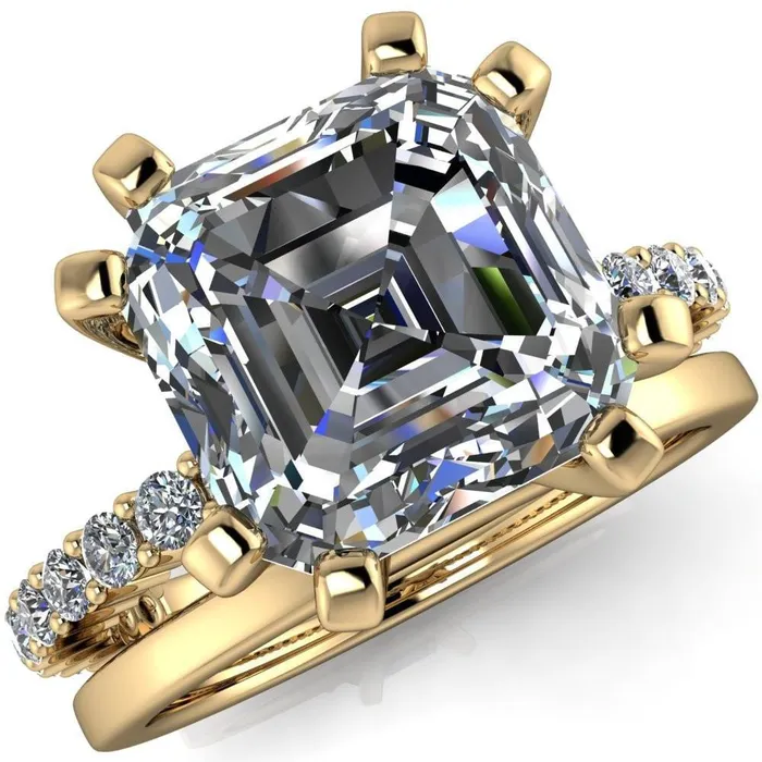 Fire Brilliance Rings Melina Asscher Moissanite 8 Prong Shared Prong Shank Engagement Ring