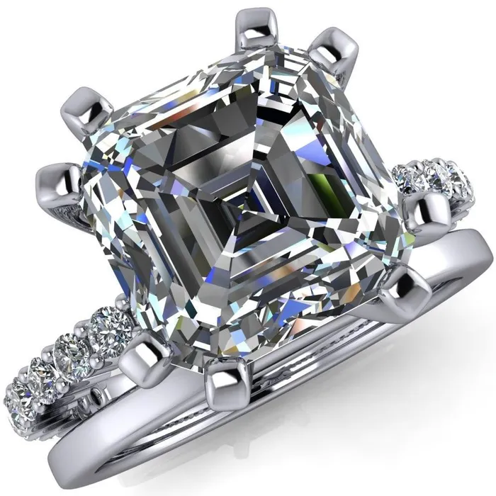 Fire Brilliance Rings Melina Asscher Moissanite 8 Prong Shared Prong Shank Engagement Ring