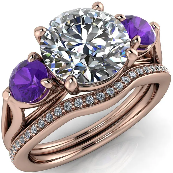 Fire Brilliance Rings Mira Round Center Stone Amethyst Side Split Shank Cathedral Hybrid Engagement Ring Fire Brilliance Rings Mira Round Center Stone Amethyst Side Split Shank Cathedral Hybrid Engagement Ring