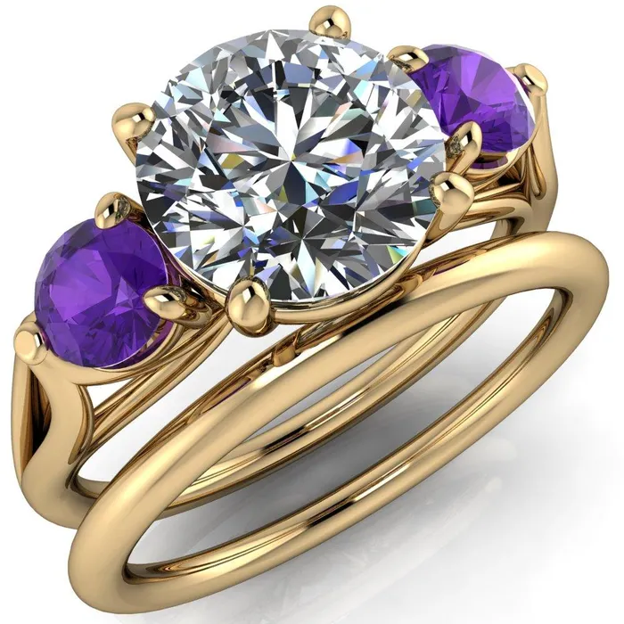 Fire Brilliance Rings Mira Round Center Stone Amethyst Side Split Shank Cathedral Hybrid Engagement Ring