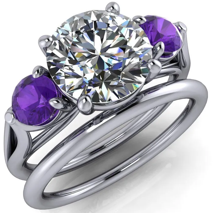 Fire Brilliance Rings Mira Round Center Stone Amethyst Side Split Shank Cathedral Hybrid Engagement Ring