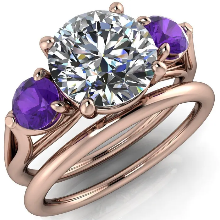 Fire Brilliance Rings Mira Round Center Stone Amethyst Side Split Shank Cathedral Hybrid Engagement Ring