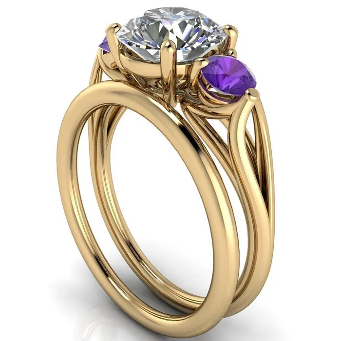 Fire Brilliance Rings Mira Round Center Stone Amethyst Side Split Shank Cathedral Hybrid Engagement Ring